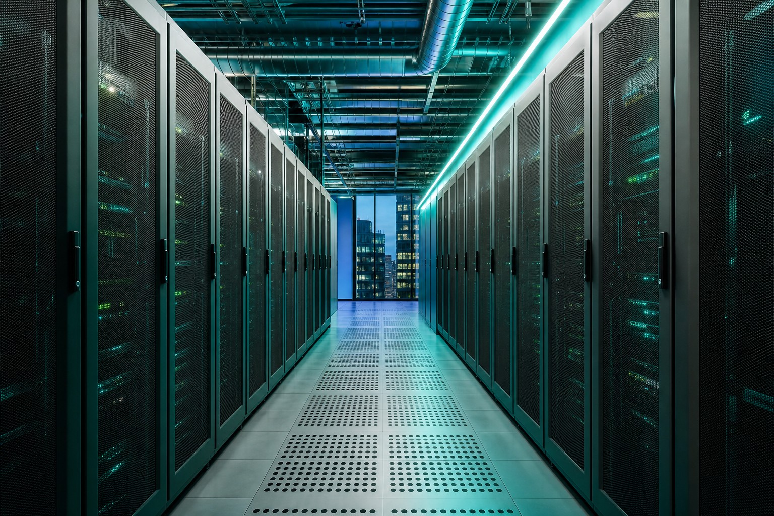 Gros plan de baies serveurs dans un datacenter.